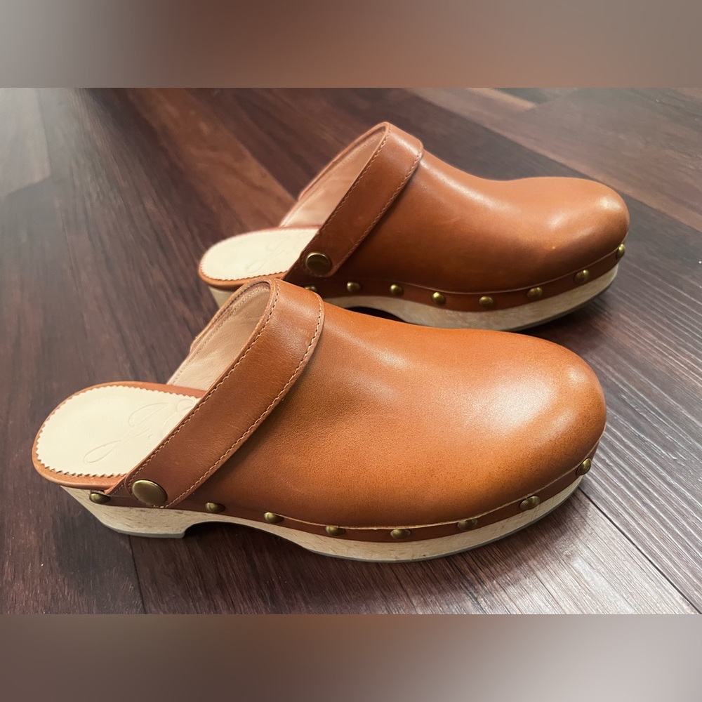 J. Crew Convertible Leather Studded Embellished Wood Sole Clogs / Mules Brown